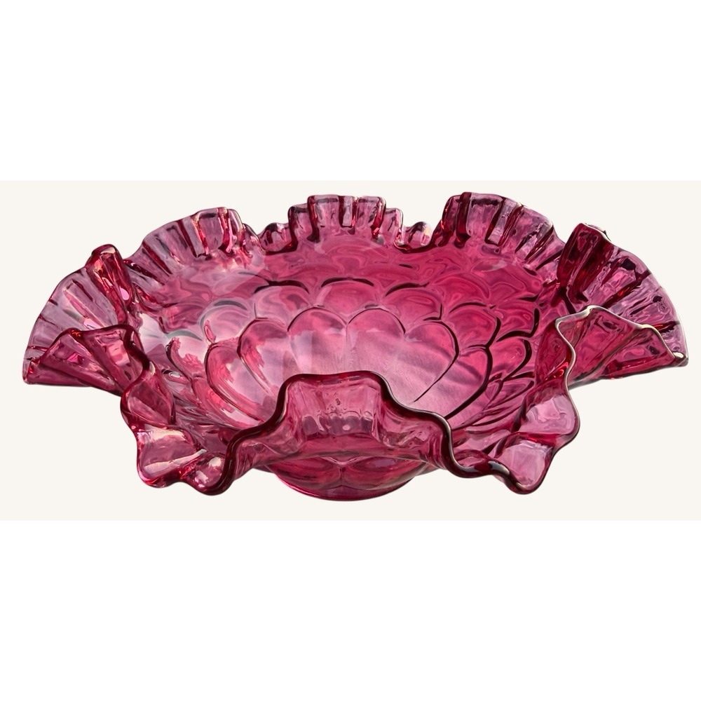 Vintage Fenton Cranberry Jacqueline Glass Bowl 9" Large Double Ruffled Fishscale